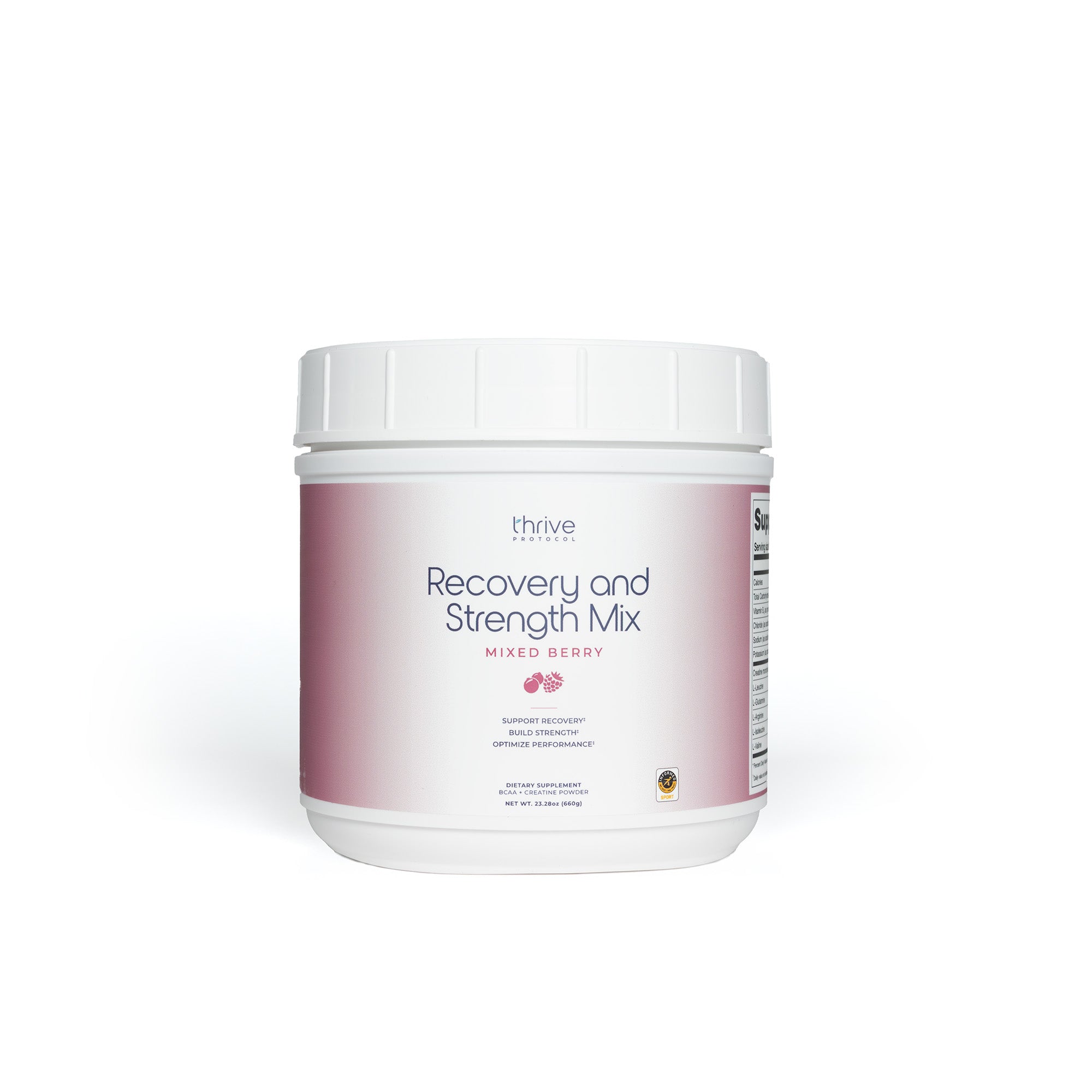 Recovery and Strength Mix. Mixed Berry. support Recovery, Build Strength, Optimize Performance. Dietary Supplement. Net WT 23.28 oz