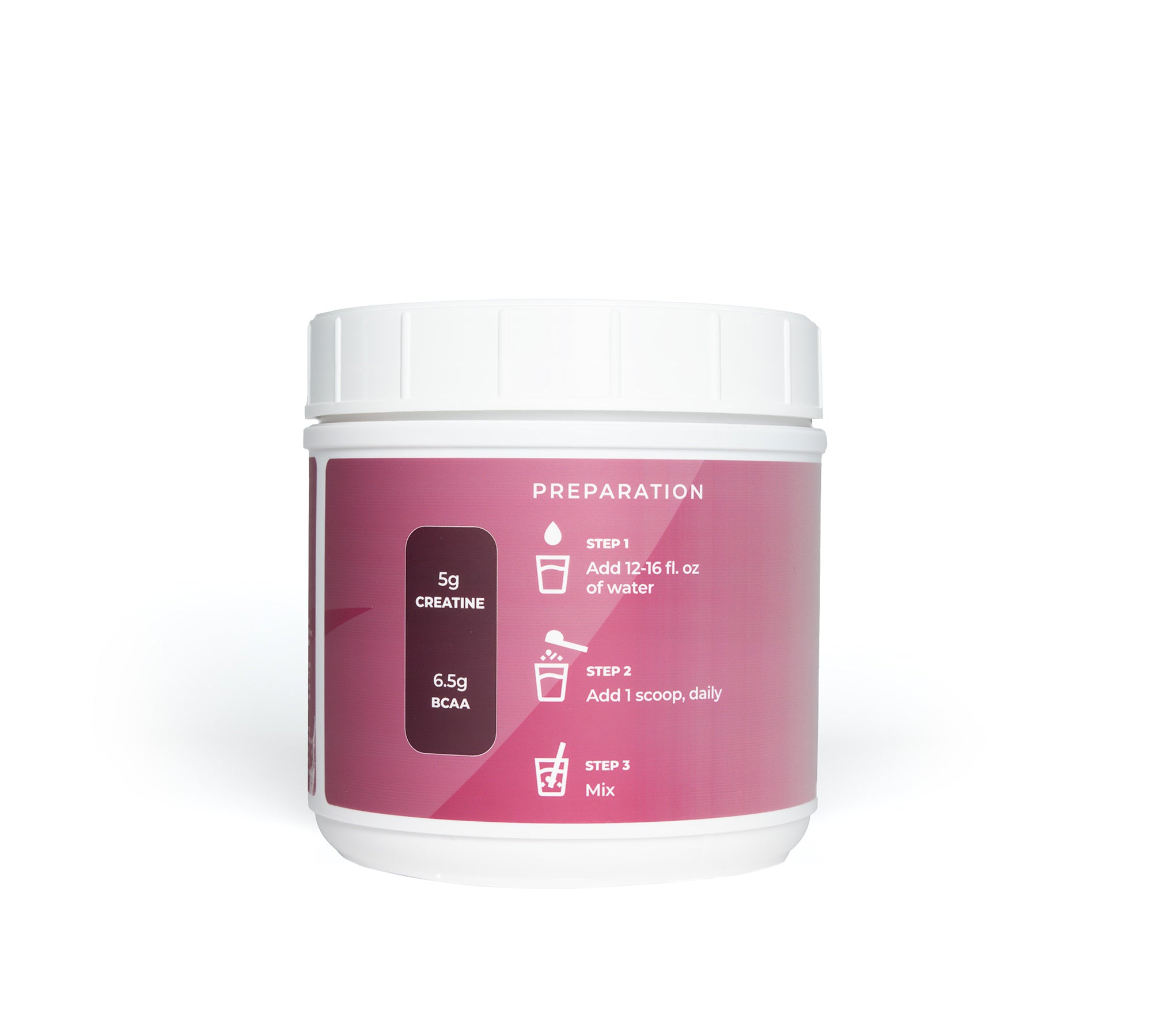Preparation: Step 1: add 12-16 fl oz. of water. Step 2: Add 1 scoop, daily. Step 3: Mix. 5g Creatine, 6.5g BCAA