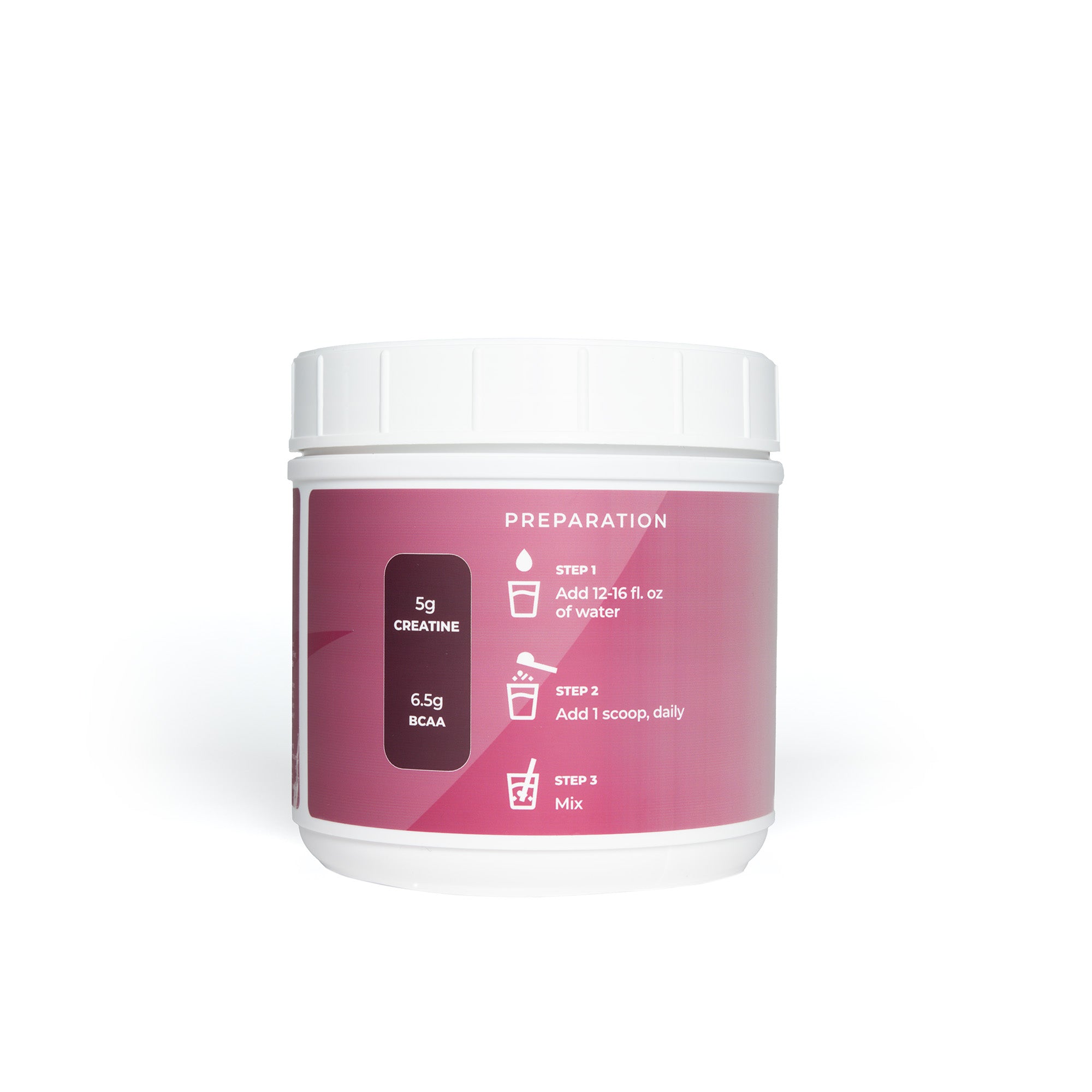 Preparation: Step 1: add 12-16 fl oz. of water. Step 2: Add 1 scoop, daily. Step 3: Mix. 5g Creatine, 6.5g BCAA