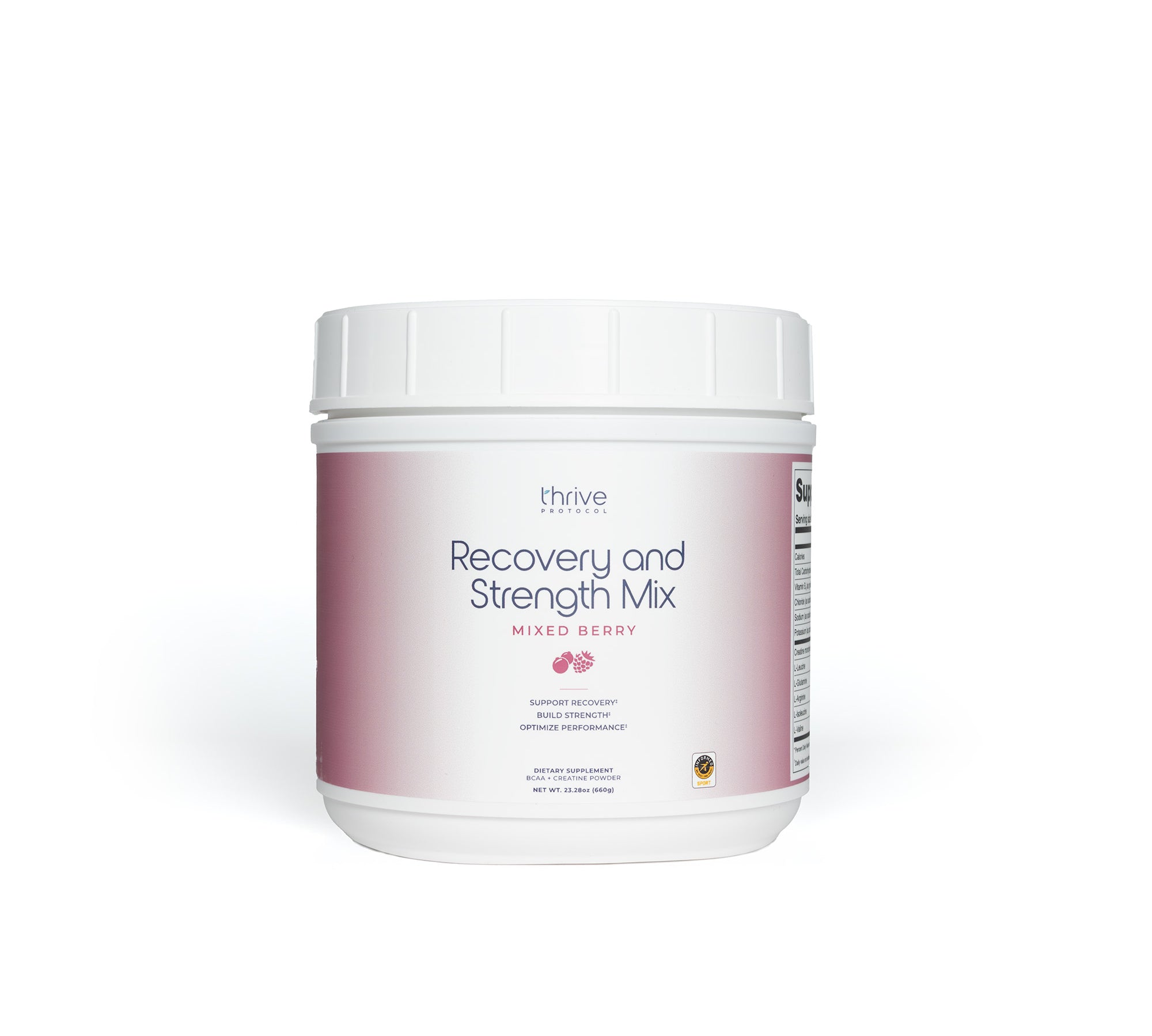 Recovery and Strength Mix. Mixed Berry. support Recovery, Build Strength, Optimize Performance. Dietary Supplement. Net WT 23.28 oz